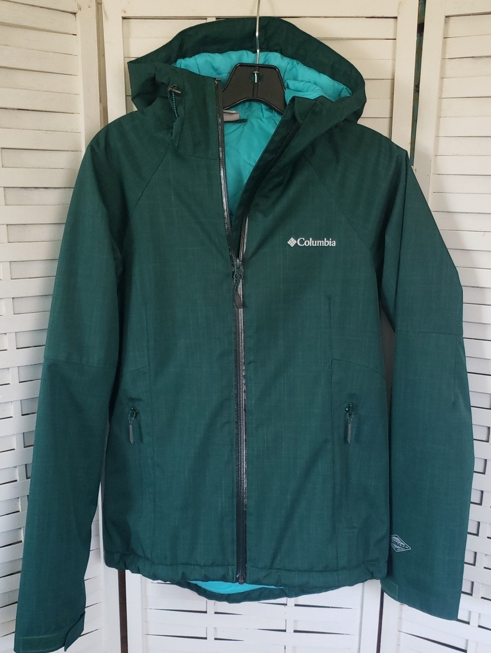 Columbia Women's Forest Green Hooded Ski Jacket with Teal Lining XS
